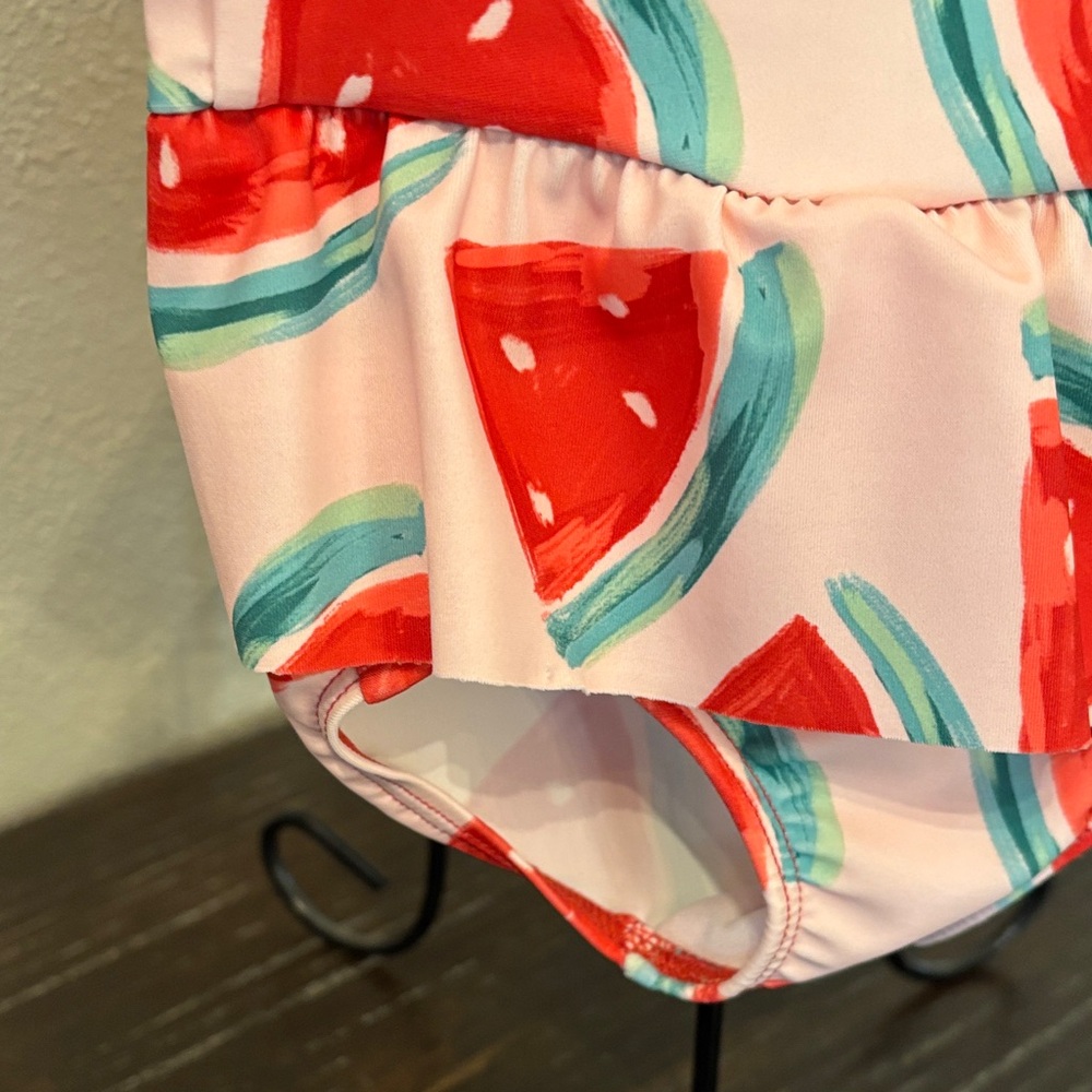 Carter's Pink and Red Watermelon Ruffle Long-Sleeve One-Piece Swim - Picture 4 of 4